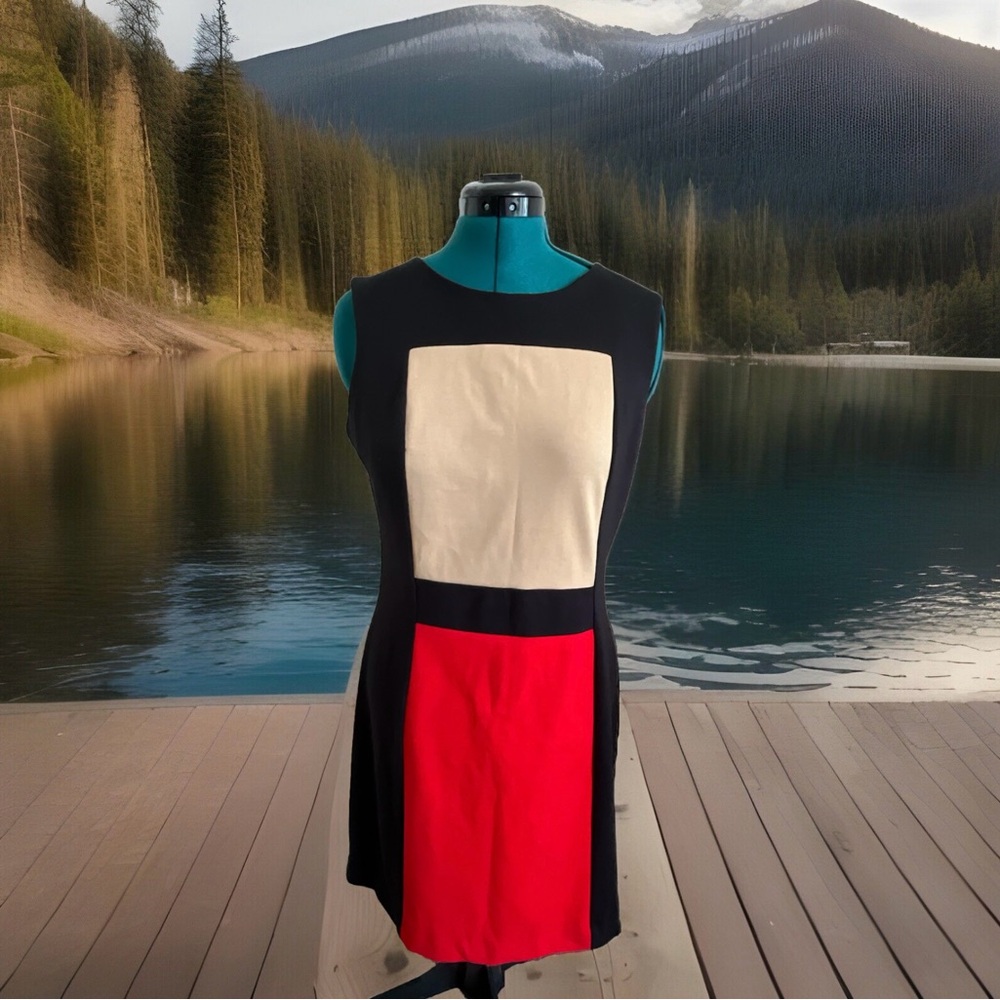 Calvin Klein  VTG  Woman’s Dress 14 Red Black Tan Sheath Sleeveless Knee Length